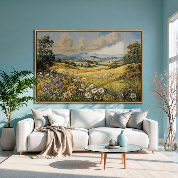Floral Field Print Vibrant Summer Mountain Landscape, Ready to Hang Poster Decor For Living Room Bedroom Unframed Paper Print
