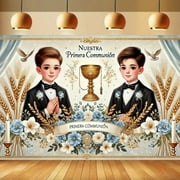 Floral First Communion Backdrop for Twin Boys Nuestra Primera Comunión God Bless Baptism Party Decor Christening Ceremony Mi Bautizo Banner Chalice Wheat Photography Background Photo Prop