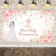thumbnail image 1 of Floral First Holy Communion Backdrop Pink Mi Primera Comunión Photography Background Pink Mi Bautizo Baptism God Bless Chalice Doves Glitter Decor Cake Smash Photo Props, 1 of 5