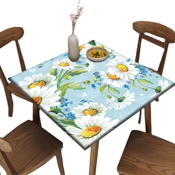 Floral Fitted Elastic Edge Square Tablecloths, Daisy Flower Polyester Table Cover, Great for Outdoor Home Kitchen/Parties/Holiday Dinner, Fit for 36" x 36"Square Table