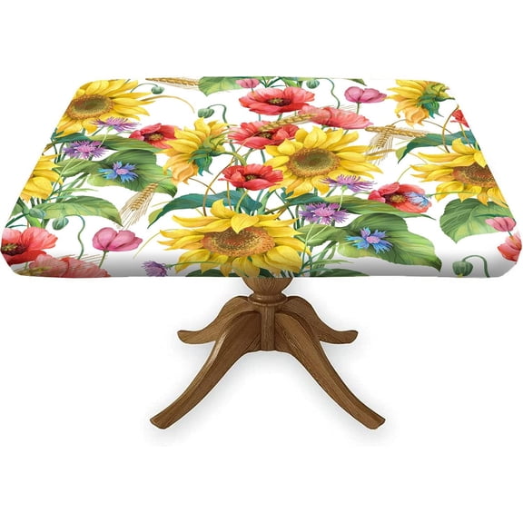 Floral Fitted Elastic Edge Square Tablecloths, Yellow Sunflower Wipeable Polyester Table Cloth, for Picnic Camping and Indoor Kitchen Dining Party, Suitable for 36 x 36 in Table, Poppy Flower