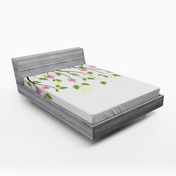 Ambesonne Floral Fitted Sheet, Branch with Flowers, Queen Size, Pink Green