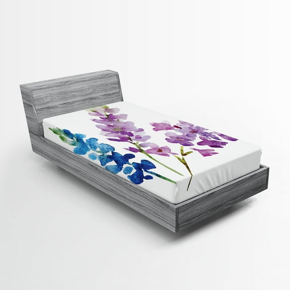 Floral Fitted Sheet, Branches of Watercolor Flowers in Spring Color Shades Lavender and Violet Bouquet, Decorative Soft Bedding All-round Elastic Pocket, Twin Size, Multicolor, by Ambesonne