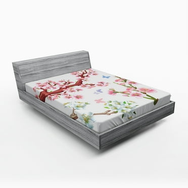 Floral Fitted Sheet, Composition Flowering Branches Colorful Spring Garden Theme Seasonal Art Print, Soft Decorative Fabric Bedding, Queen Size, Pink Brown Green, by Ambesonne