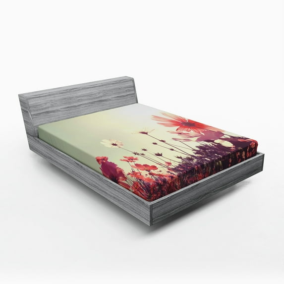 Floral Fitted Sheet, Flower Garden with Open Sky and Vintage Cosmos Plant Artwork Photo, Soft Decorative Fabric Bedding, Full Size, Sky Blue and Dark Coral, by Ambesonne