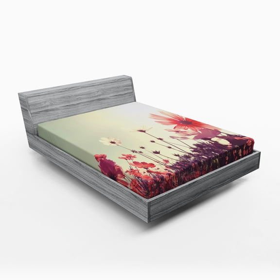 Floral Fitted Sheet, Flower Garden with Open Sky and Vintage Cosmos Plant Artwork Photo, Soft Decorative Fabric Bedding, Queen Size, Sky Blue and Dark Coral, by Ambesonne