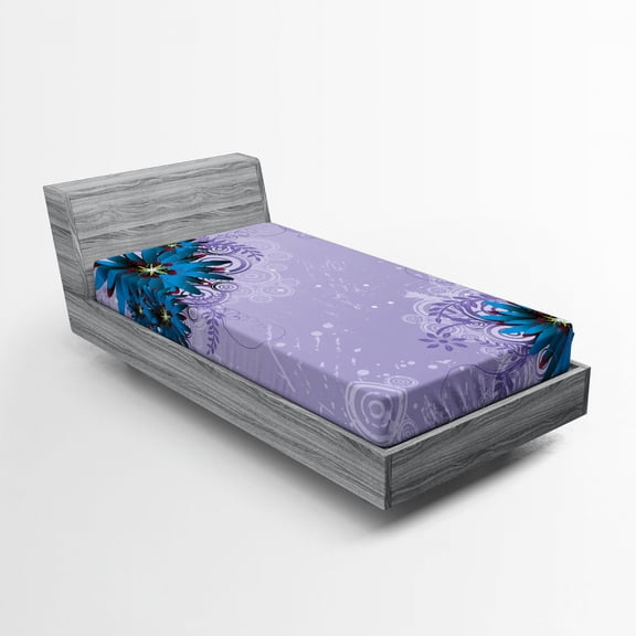 Floral Fitted Sheet, Graphic Ornamental Flowers on Lilac Background Modern Illustration, Soft Decorative Fabric Bedding, Twin Size, Dark Blue Burgundy, by Ambesonne