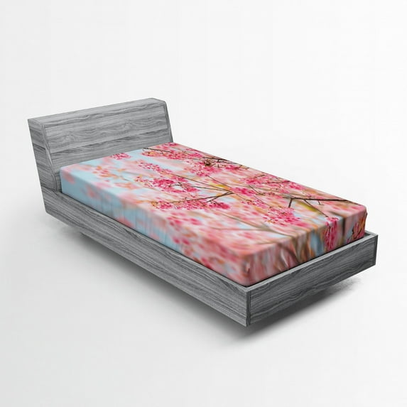 Floral Fitted Sheet, Japanese Sakura Cherry Blossom Branches Full of Spring Beauty Picture, Soft Decorative Fabric Bedding, Twin XL Size, Pale Pink Baby Blue, by Ambesonne