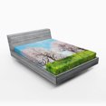 thumbnail image 1 of Floral Fitted Sheet, Japanese Spring Scenery Grass Wildflowers Cherry Trees Pink Blossoms Panorama, Soft Decorative Fabric Bedding, Queen Size, Aqua Pink Green, by Ambesonne, 1 of 2