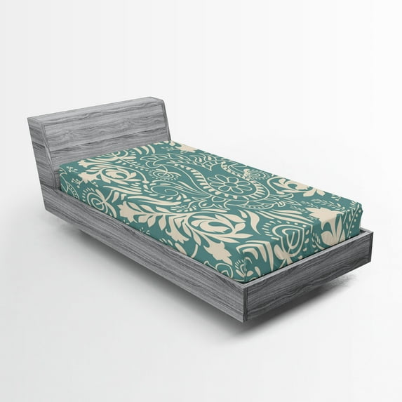 Floral Fitted Sheet, Marrakech Ornament with Abstract Paisley Style Nature Inspired Motifs, Decorative Soft Bedding All-round Elastic Pocket, Twin Size, Teal and Beige, by Ambesonne