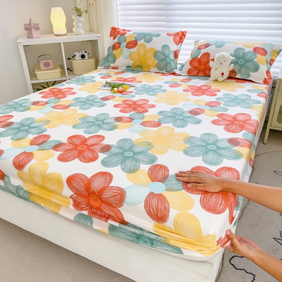 Floral Fitted Sheet Non Slip Fitted Sheet Elastic Band Around Mattress Cover Bed Cover