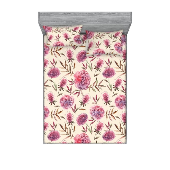 Floral Fitted Sheet & Pillow Sham Set, Asian Garden Spring Inspired Watercolor Romantic Flower Sketches and Leaves, Decorative Printed 3 Piece Bedding Decor, Calking, Eggshell Pink Mauve, by Ambesonne