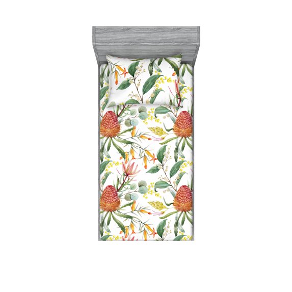 Floral Fitted Sheet & Pillow Sham Set, Australian Banksia and Botanical Ornaments Watercolor Nature Branches, Decorative Printed 2 Piece Bedding Decor, Twin, Laurel Green Multicolor, by Ambesonne