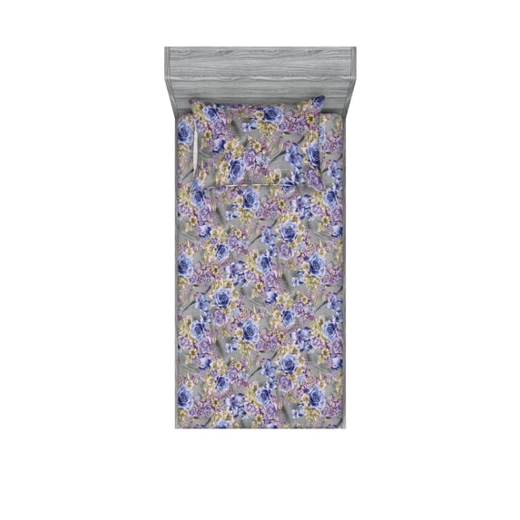 Floral Fitted Sheet & Pillow Sham Set, Autumn Themed Cold Colors Drawn Blooming Flowers Pattern Romantic Scene, Decorative Printed 2 Piece Bedding Decor, Twin, Pale Purpleblue Lilac, by Ambesonne