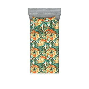 Floral Fitted Sheet & Pillow Sham Set, Beauty of Nature Passiflora Flowers and Leaves Blossoming in Watercolor, Decorative Printed 2 Piece Bedding Decor, Twin, Teal Pale Yellow Orange, by Ambesonne