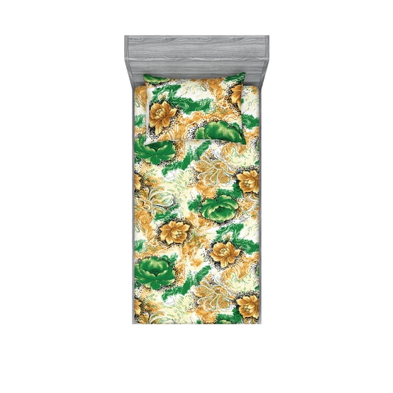 Floral Fitted Sheet & Pillow Sham Set, Bicolour Style Flowers in Vintage Inspired Halftone Dotted Effect Repetition, Decorative Printed 2 Piece Bedding Decor, Twin, Green and Amber, by Ambesonne