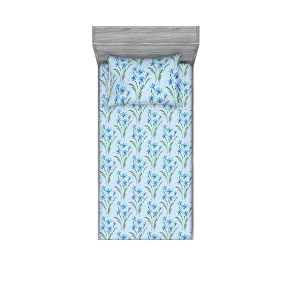 Floral Fitted Sheet & Pillow Sham Set, Blooming Cornflowers Garden Nature Watercolor Art on Soft Background, Decorative Printed 2 Piece Bedding Decor, Twin, Sea Blue and Fern Green, by Ambesonne