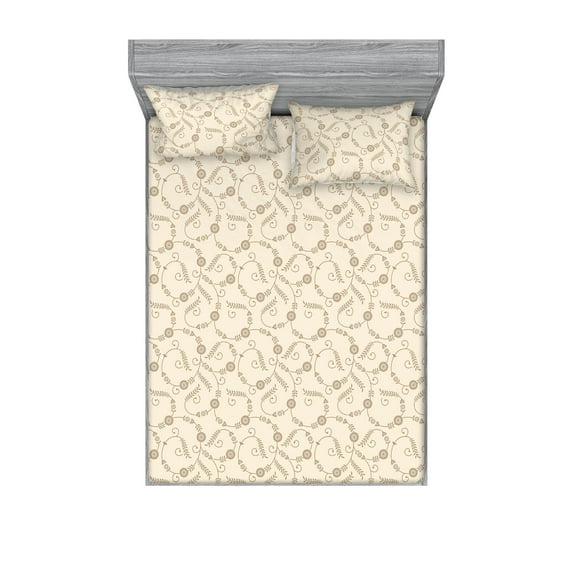 Floral Fitted Sheet & Pillow Sham Set, Blossom Silhouette Minimalist Style on Cream Tone Background Oriental Vibes, Decorative Printed 3 Piece Bedding Decor, King, Champagne Dark Tan, by Ambesonne