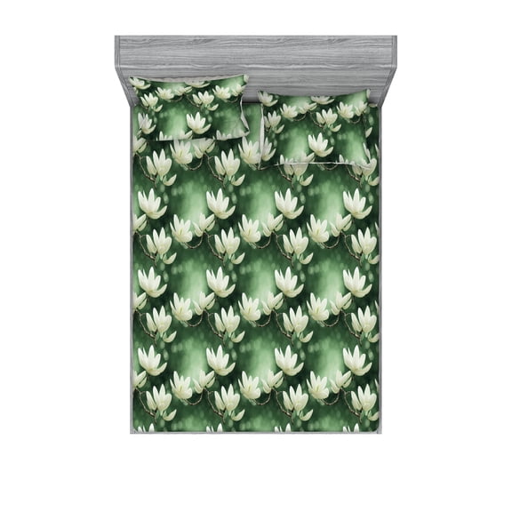 Floral Fitted Sheet & Pillow Sham Set, Blossoming Branches of Spring Season Flowers Asian Nature Art on Blurred Backdrop, Decorative Printed 3 Piece Bedding Decor, Queen, Reseda Green, by Ambesonne