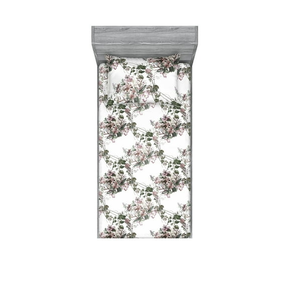 Floral Fitted Sheet & Pillow Sham Set, Blossoming Spring Flowering Branches and Leaves Botanical Garden Bloom, Decorative Printed 2 Piece Bedding Decor, Twinxl, Pale Rose Reseda Green, by Ambesonne