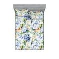 thumbnail image 1 of Floral Fitted Sheet & Pillow Sham Set, Blurry Effect Abstract Autumn Garden Flowers and Leaves Nature Blooms, Decorative Printed 3 Piece Bedding Decor, Full, Ceil Blue Amber and Green, by Ambesonne, 1 of 2