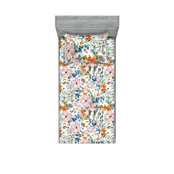 Floral Fitted Sheet & Pillow Sham Set, Bohemian Look Watercolor Garden of Branches Flowers and Butterflies, Decorative Printed 2 Piece Bedding Decor, Twinxl, Rose Orange and Slate Blue, by Ambesonne
