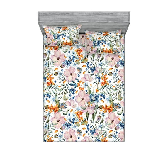 Floral Fitted Sheet & Pillow Sham Set, Bohemian Look Watercolor Garden of Branches Flowers and Butterflies, Decorative Printed 3 Piece Bedding Decor, King, Rose Orange and Slate Blue, by Ambesonne