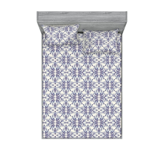 Floral Fitted Sheet & Pillow Sham Set, Bohemian Repetitive Folk Flower Pattern Royal Colors Swirly Blooms, Decorative Printed 3 Piece Bedding Decor, Calking, Purple Ceil Blue and Ivory, by Ambesonne