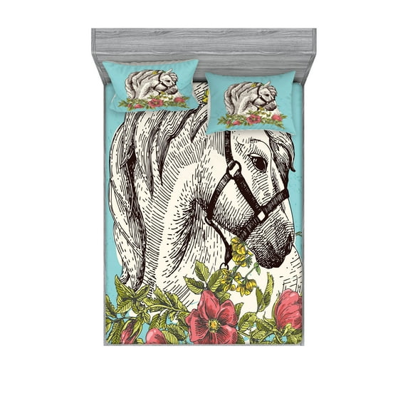 Floral Fitted Sheet & Pillow Sham Set, Boho Style Horse Portrait with Blossoming Poppy Wreath Illustration, Decorative Printed 6 Piece Bedding Decor Set, Full, Apple Green and Turquoise, by Ambesonne