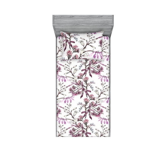 Floral Fitted Sheet & Pillow Sham Set, Botanical Meadow Ornament of Colorful Vintage Flowers on Plain Backdrop, Decorative Printed 2 Piece Bedding Decor, Twin, Eggplant Ivory Lilac, by Ambesonne