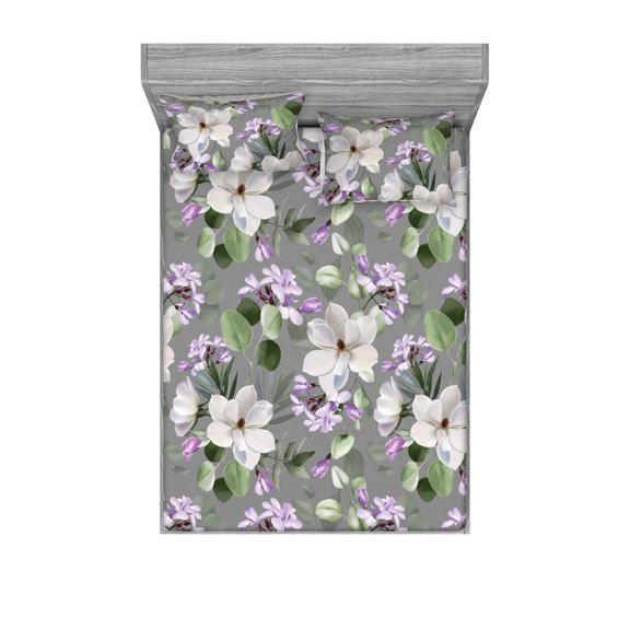 Floral Fitted Sheet & Pillow Sham Set, Botanical Theme Garden Inspired Eucalyptus Pattern Painting Print, Decorative Printed 3 Piece Bedding Decor, Full, Lilac and Dark Sea Green, by Ambesonne