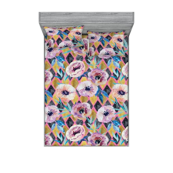 Floral Fitted Sheet & Pillow Sham Set, Botanical Watercolor Art of Anemone Flowers with Rhombus Lozenges Print, Decorative Printed 3 Piece Bedding Decor, Full, Pink Dark Mustard Lilac, by Ambesonne