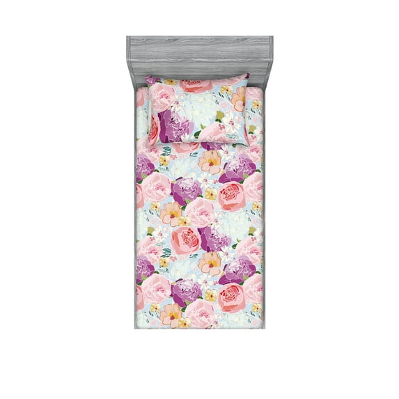 Floral Fitted Sheet & Pillow Sham Set, Burgundy Roses Peonies and Daisies Illustration Colorful Design Exotics, Decorative Printed 2 Piece Bedding Decor, Twin, Pale Fuchsia Pale Pink, by Ambesonne