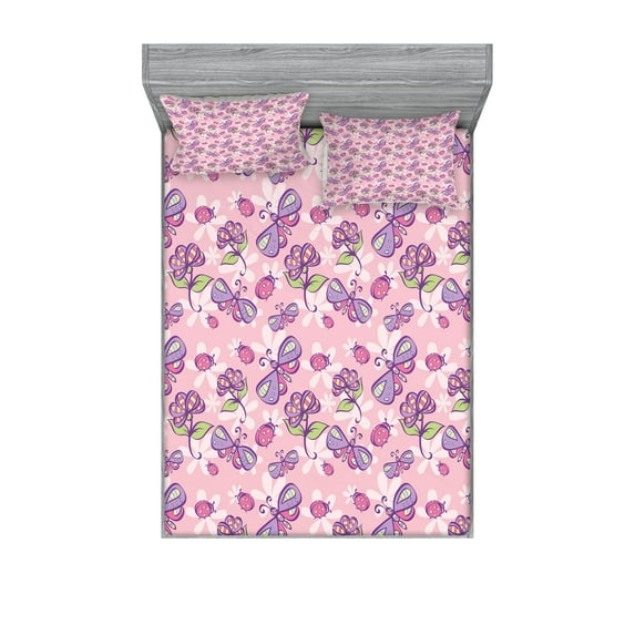 Floral Fitted Sheet & Pillow Sham Set, Butterflies Flowers Cartoon Girls Playroom Theme, Decorative Printed 6 Piece Bedding Decor Set, Calking, Pale Pink Lavender, by Ambesonne