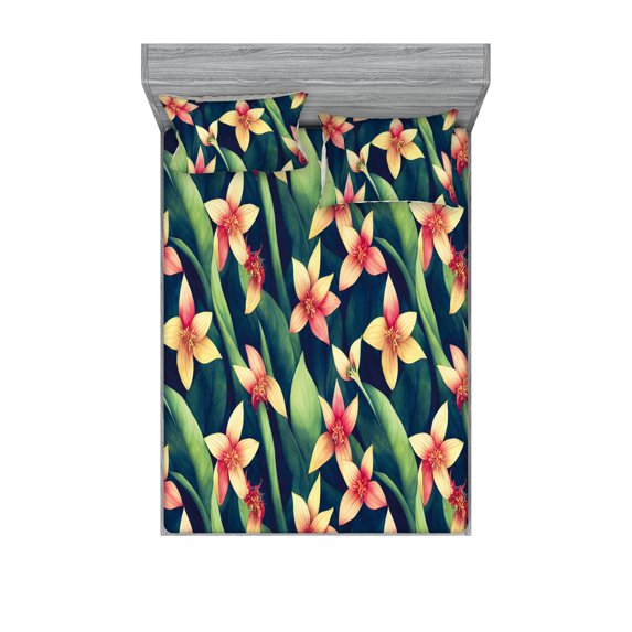 Floral Fitted Sheet & Pillow Sham Set, Carnivorous Deep of the Exotic Jungle Amazon Wild Life Flowers Artwork, Decorative Printed 3 Piece Bedding Decor, Calking, Pale Yellow Fern Green, by Ambesonne