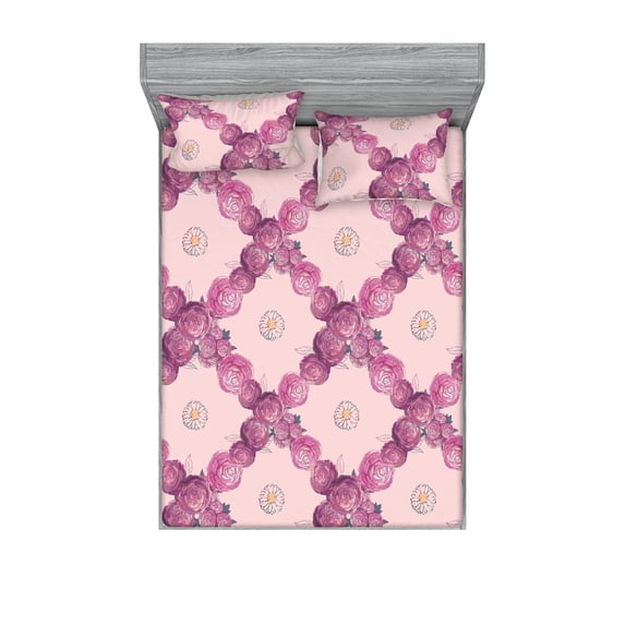 Floral Fitted Sheet & Pillow Sham Set, Checkered Rose Square Pattern With Chamomile Sketch English Garden Romance, Decorative Printed 3 Piece Bedding Decor, Full, Rose Pale Fuchsia, by Ambesonne