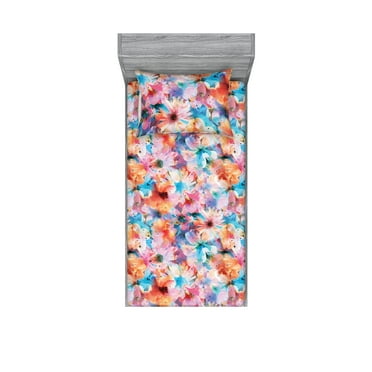 Floral Fitted Sheet & Pillow Sham Set, Colorful Blurry Design Abstract Dreamy Flowers Watercolor Ornament Art, Decorative Printed 2 Piece Bedding Decor, Twin, Sky Blue Salmon and Pink, by Ambesonne