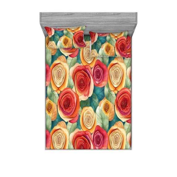 Floral Fitted Sheet & Pillow Sham Set, Colorful Bold Roses and Leaves in Watercolor Style Nostalgic Vibes, Decorative Printed 3 Piece Bedding Decor, King, Marigold Dark Coral and Teal, by Ambesonne