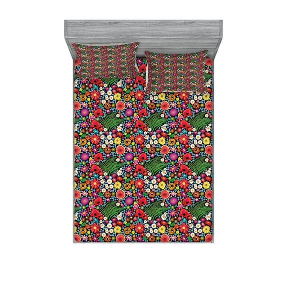 Floral Fitted Sheet & Pillow Sham Set, Colorful Spring Wildflowers Demonstration with Asters Chamomiles and Fern Leaves, Decorative Printed 6 Piece Bedding Decor Set, King, Multicolor, by Ambesonne