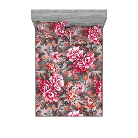 Floral Fitted Sheet & Pillow Sham Set, Continuous Flowers with Monochrome Leaves Watercolor Illustration Art, Decorative Printed 3 Piece Bedding Decor, King, Raspberry and Dark Green, by Ambesonne