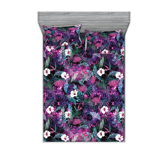 Floral Fitted Sheet & Pillow Sham Set, Cosmos Garden of Universe Flowers and Tropical Leaves Galaxy Starry Motif, Decorative Printed 3 Piece Bedding Decor, Full, Fuchsia Purple Teal, by Ambesonne