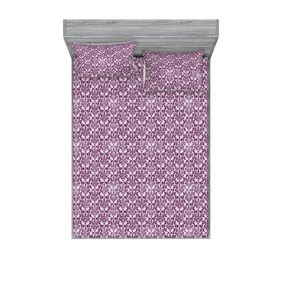 Floral Fitted Sheet & Pillow Sham Set, Damask Inspired Grunge Theme Blossom Pattern on Weathered Purplish Background, Decorative Printed 3 Piece Bedding Decor, King, Plum Mauve Taupe, by Ambesonne