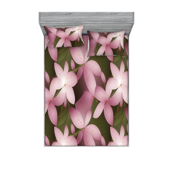 Floral Fitted Sheet & Pillow Sham Set, Exotic Plumeria Flower Inspired Petals and Tropical Leaves Digital Art, Decorative Printed 3 Piece Bedding Decor, Calking, Olive Green Pale Pink, by Ambesonne