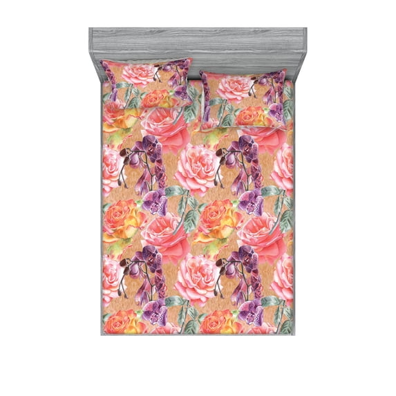 Floral Fitted Sheet & Pillow Sham Set, Exotic Roses and Orchid Flowers Spring Romance in Watercolor Style, Decorative Printed 3 Piece Bedding Decor, King, Dark Peach Coral and Plum, by Ambesonne