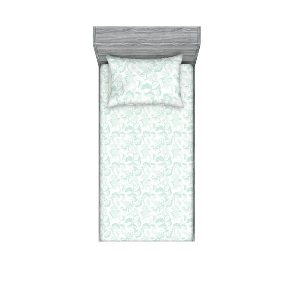 Floral Fitted Sheet & Pillow Sham Set, Exotic Soft Colored Lily Flowers Petals Swirly Branches Vintage Artwork, Decorative Printed 2 Piece Bedding Decor, Twin, Mint Green and White, by Ambesonne