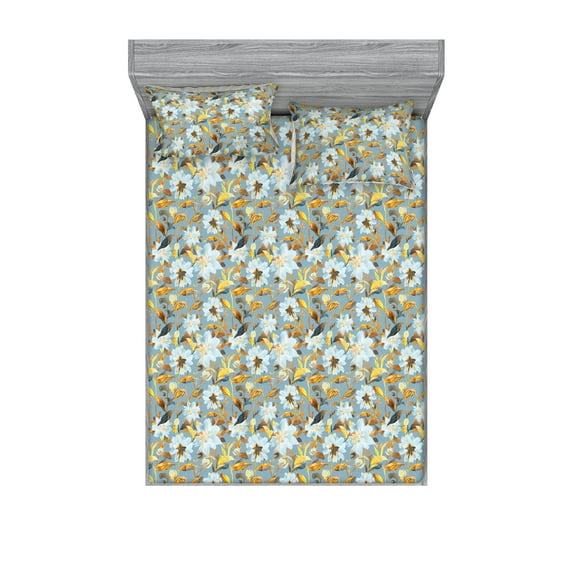 Floral Fitted Sheet & Pillow Sham Set, Falling Leaves and Flowers Botanical Nature Autumn Concept Watercolor Art, Decorative Printed 3 Piece Bedding Decor, Queen, Marigold Blue Grey, by Ambesonne