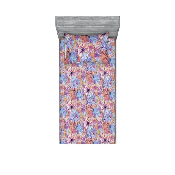 Floral Fitted Sheet & Pillow Sham Set, Fantasy Vibes Digital Illustration of Flowers and Leaves Pattern Artwork, Decorative Printed 2 Piece Bedding Decor, Twinxl, Lilac Sand Brown Pink, by Ambesonne