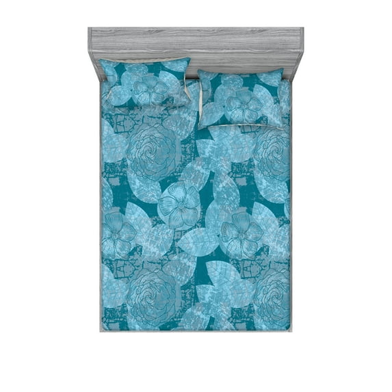 Floral Fitted Sheet & Pillow Sham Set, Fashion Theme Repetitive Flowers Pattern Grunge Vintage Ornament Art, Decorative Printed 3 Piece Bedding Decor, Full, Pale Cadet Blue and Teal, by Ambesonne