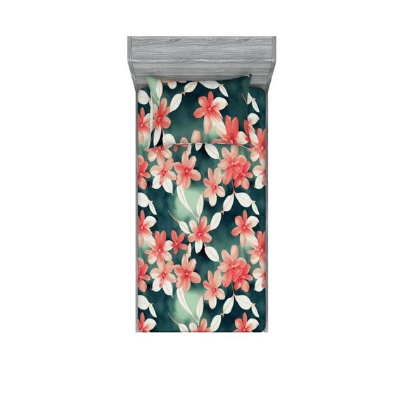 Floral Fitted Sheet & Pillow Sham Set, Flower Illustration Watercolor Style Digital Leaves on Grunge Hues Back, Decorative Printed 2 Piece Bedding Decor, Twinxl, Dark Coral Dark Teal, by Ambesonne