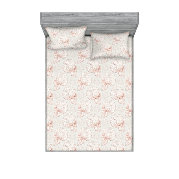 Floral Fitted Sheet & Pillow Sham Set, Flower and Leaves Ornated Skull Sketch Damask Inspired on Plain Backdrop, Decorative Printed 3 Piece Bedding Decor, King, Dark Salmon Eggshell, by Ambesonne